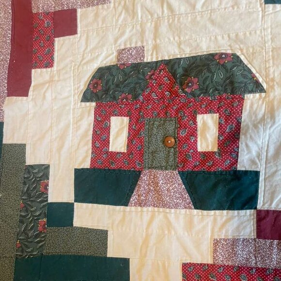 Handmade Patchwork Quilt – Log Cabin House Pattern with Button Details (79” x 79 - Picture 3 of 16